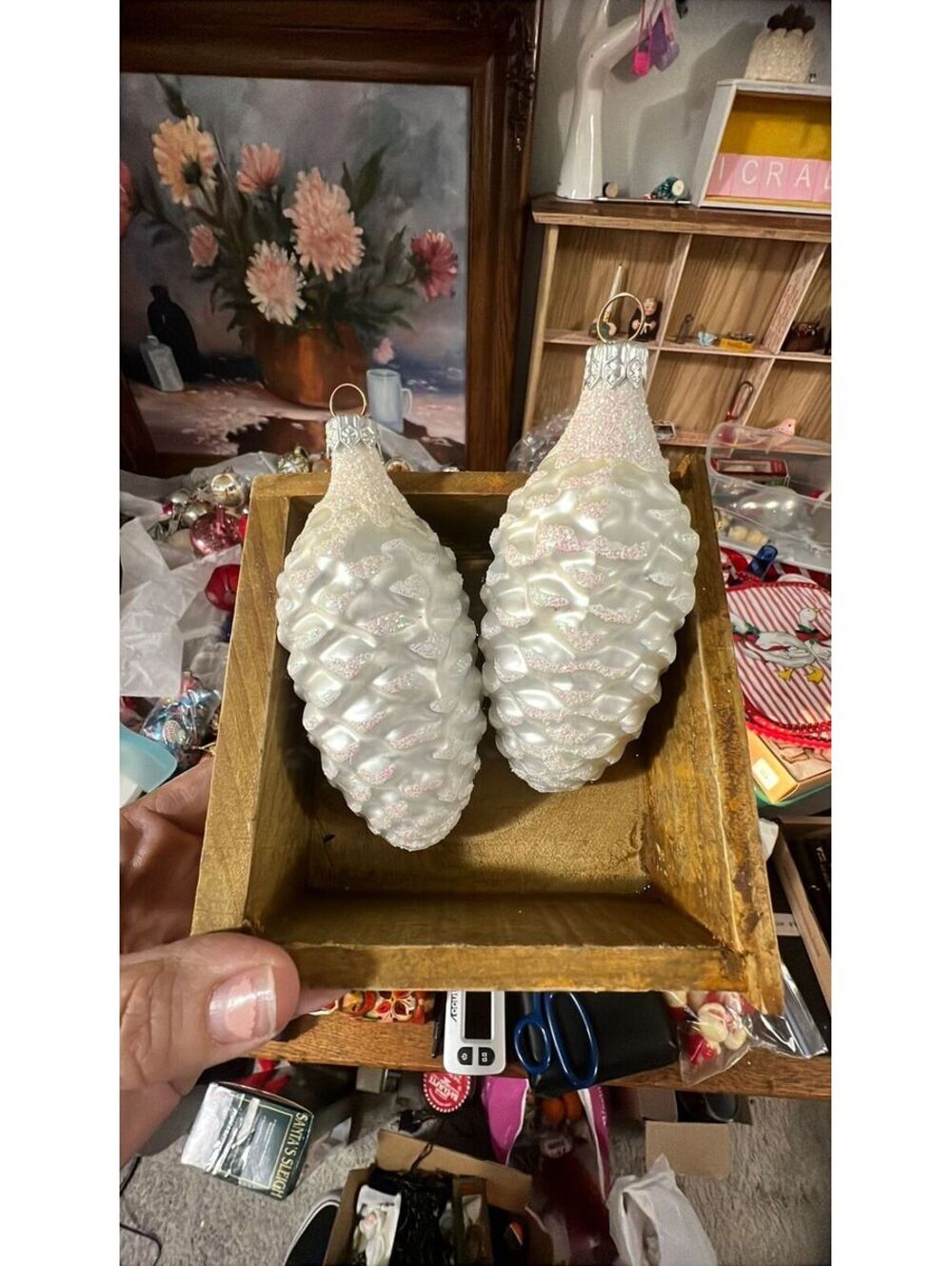 2 White bolt blown mercury glass pine cones with snow scented tips